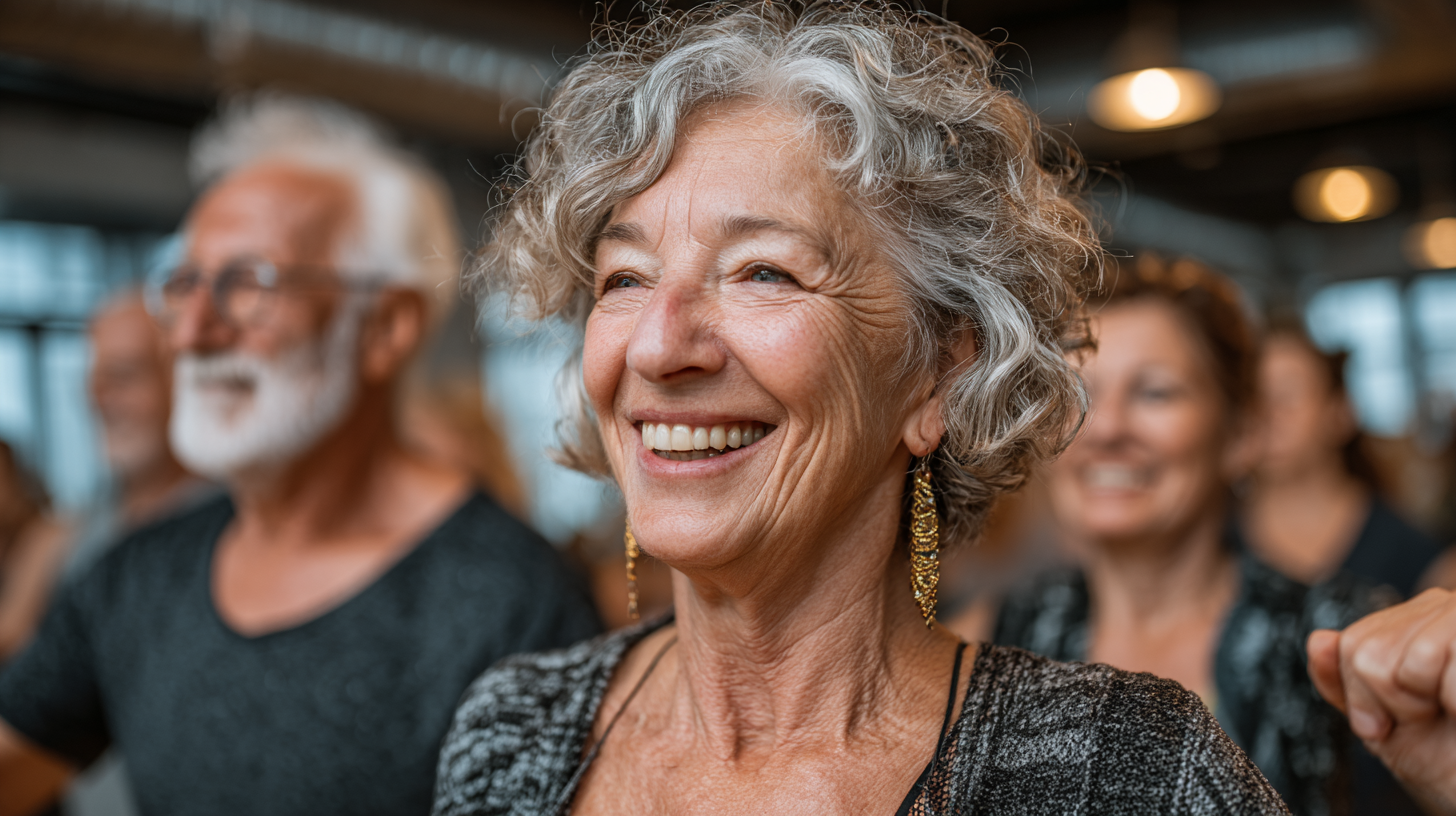 Группа активных людей зрелого возраста занимается йогой на природе